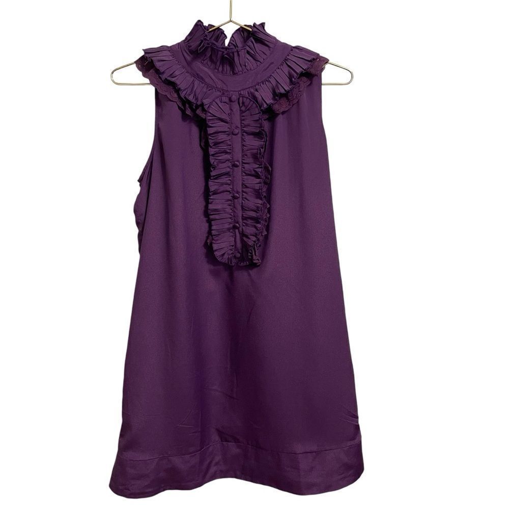 BYSI 100% Silk Purple Ruffle High Neck Lace Trim Sleeveless Mini Dress 42 or 6